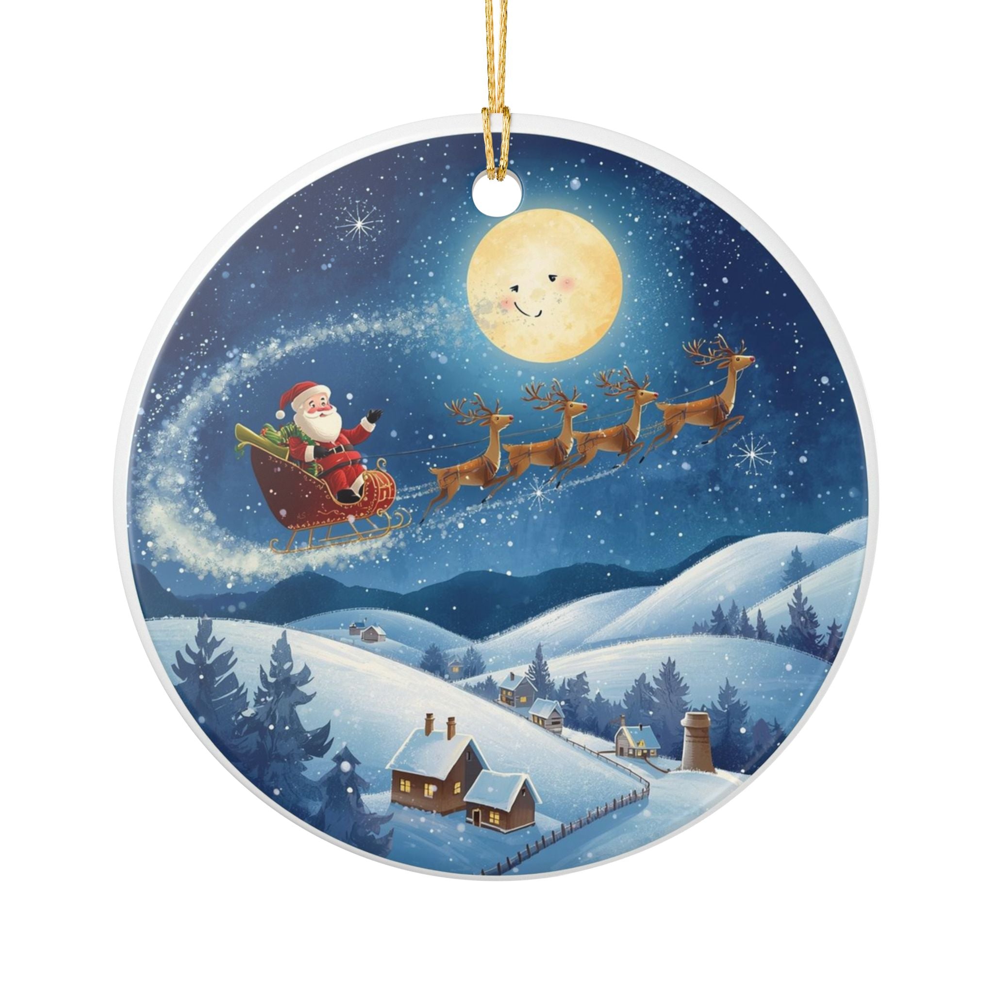 Santa & Reindeer Night Sky Ceramic Ornament