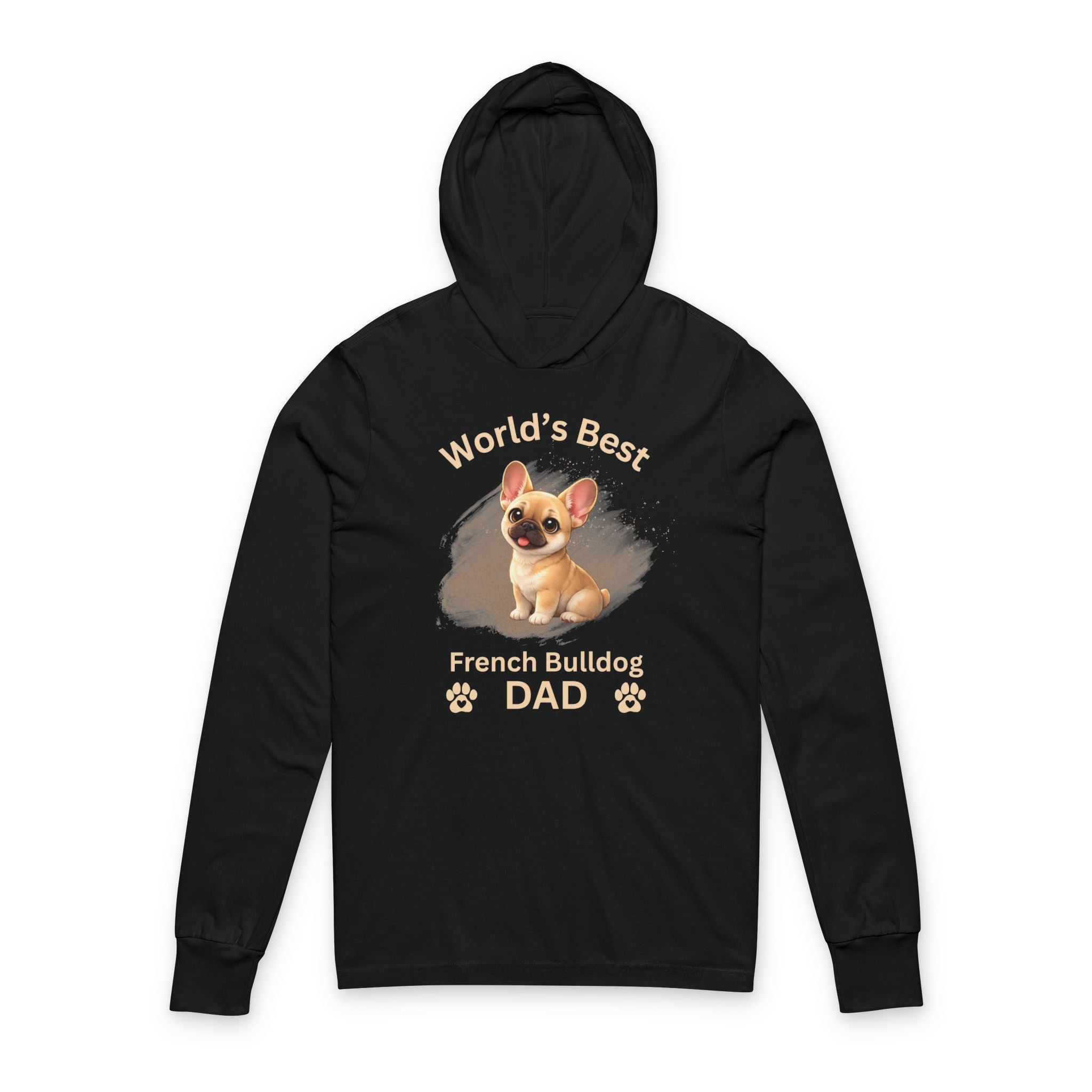 Black hoodie with a graphic of a French Bulldog and text 'World's Best French Bulldog Dad' on a white background
