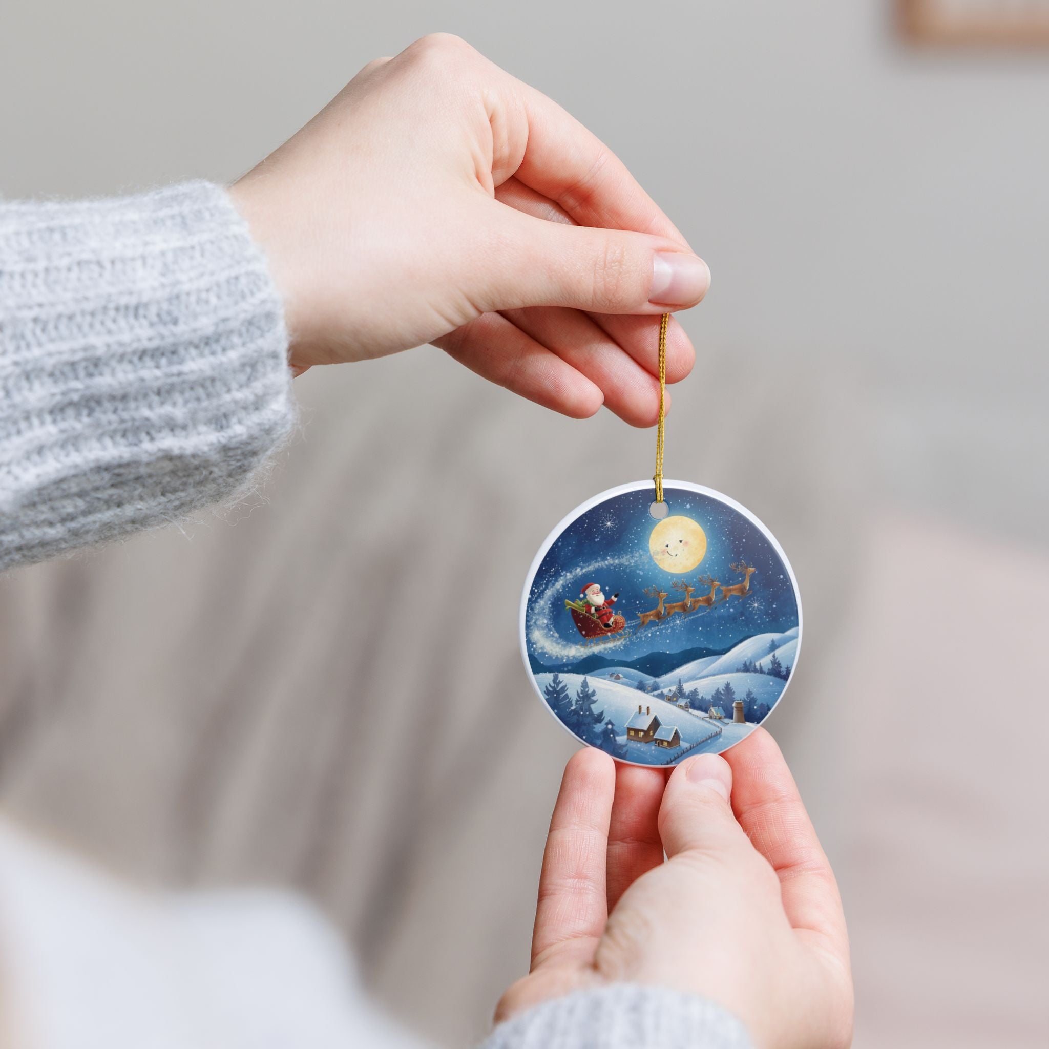 Santa & Reindeer Night Sky Ceramic Ornament