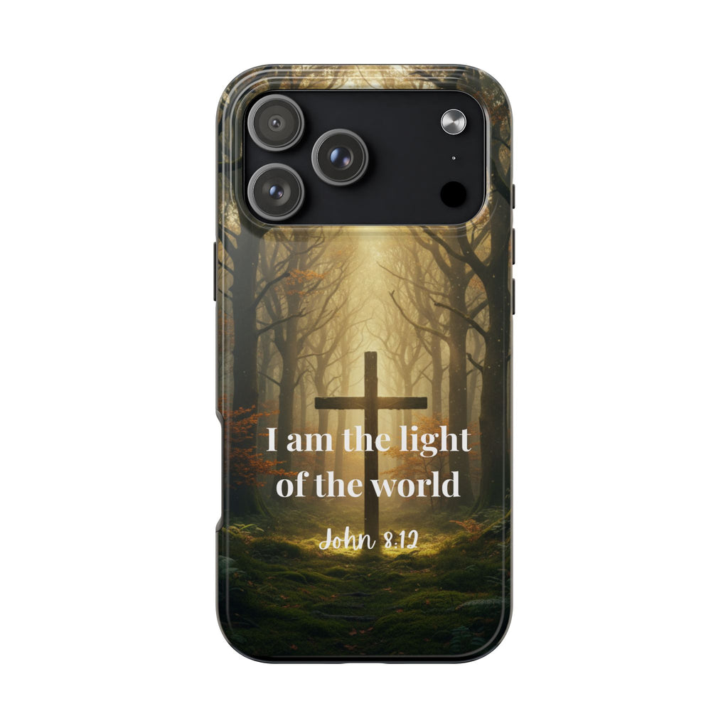 Christian Phone Case — "I Am the Light of the World" (John 8:12) Forest Cross Design