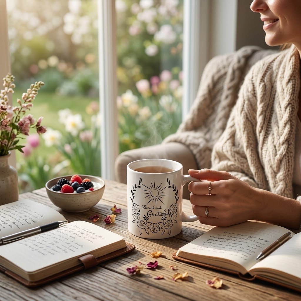 Person in a knit sweater holding a white “Blessed and Grateful” mug beside open gratitude journals, a bowl of berries, and flowers in a sunlit room.