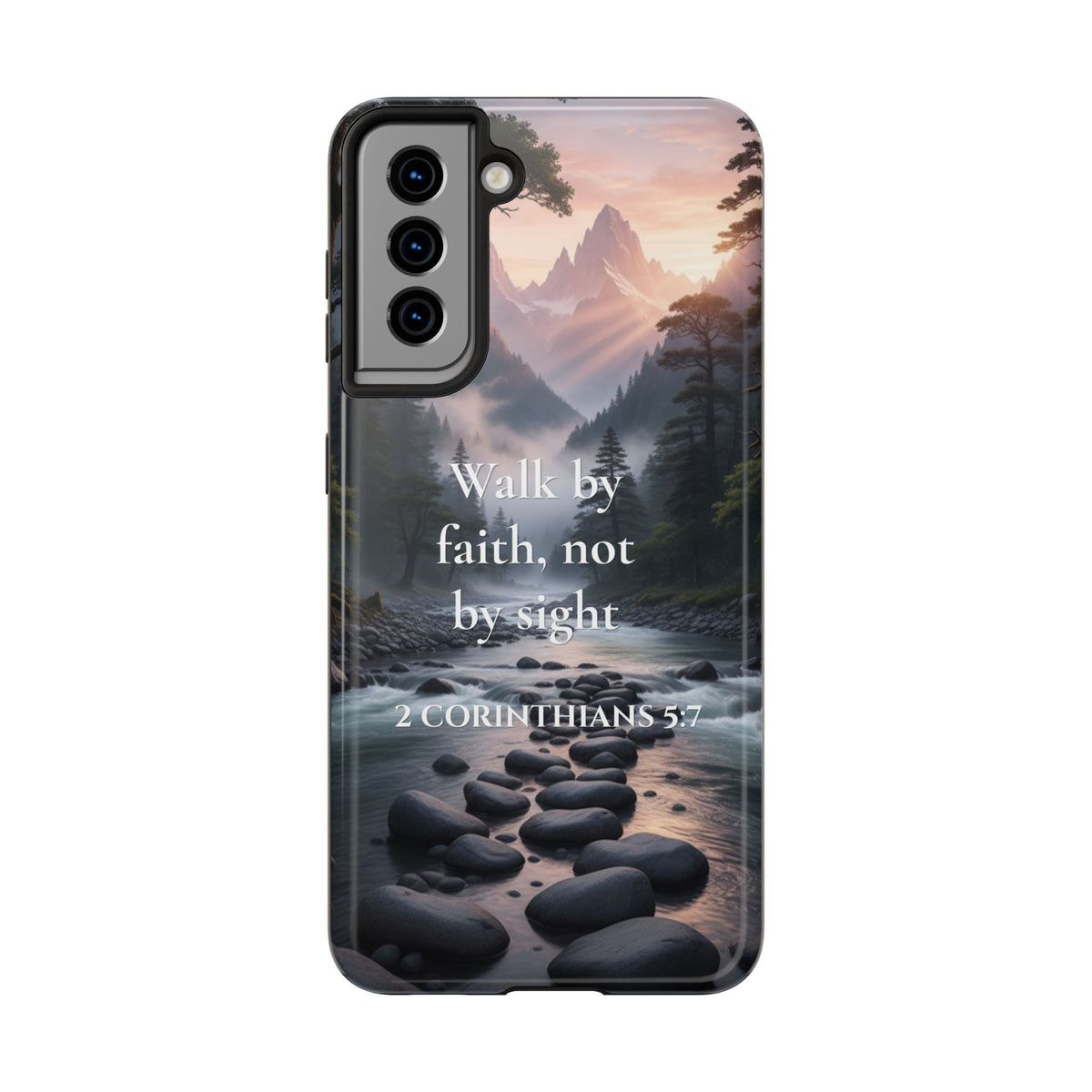 Christian Phone Case — "Walk by Faith, Not by Sight" (2 Corinthians 5:7) Scenic River Design