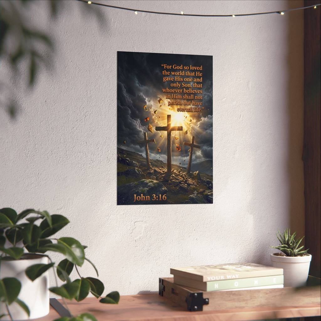 John 3:16 Wall Art — Three Crosses Scripture Poster | Zero FG