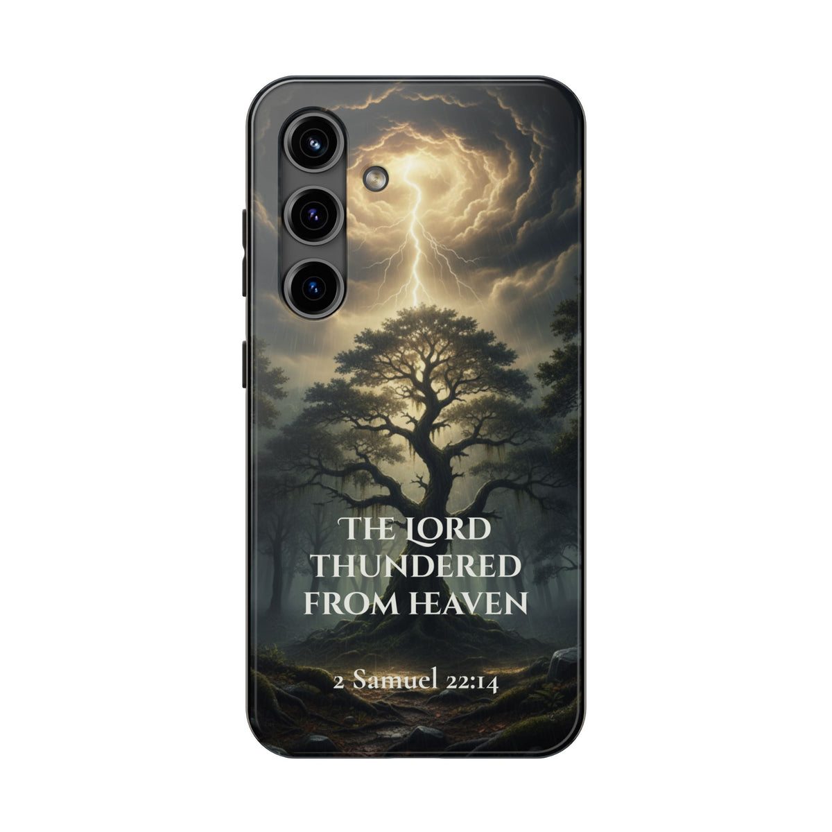 2 Samuel 22:14 tough phone case with storm-lit ancient tree and lightning bolt — Christian faith phone case for iPhone and Samsung