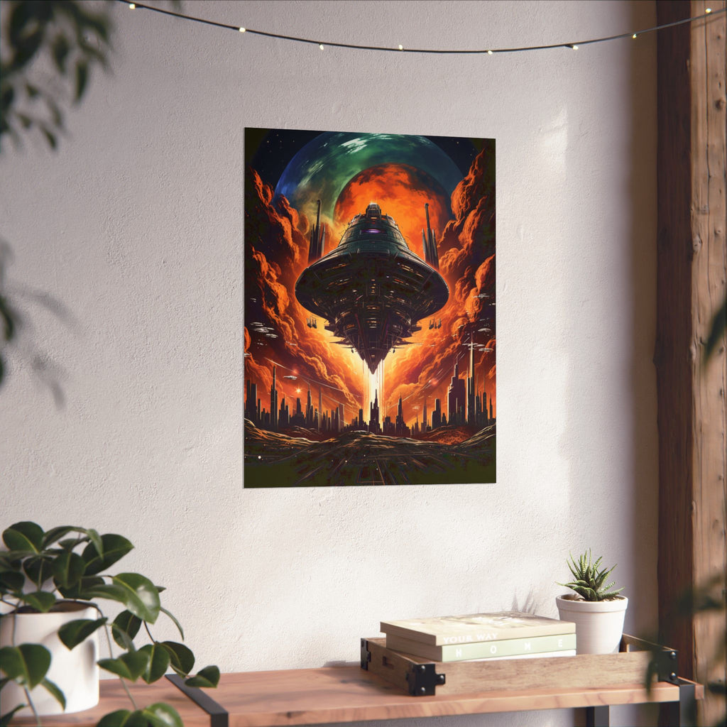 Apocalypse Arrival UFO Poster – Retro Sci-Fi Wall Art (3 Sizes)