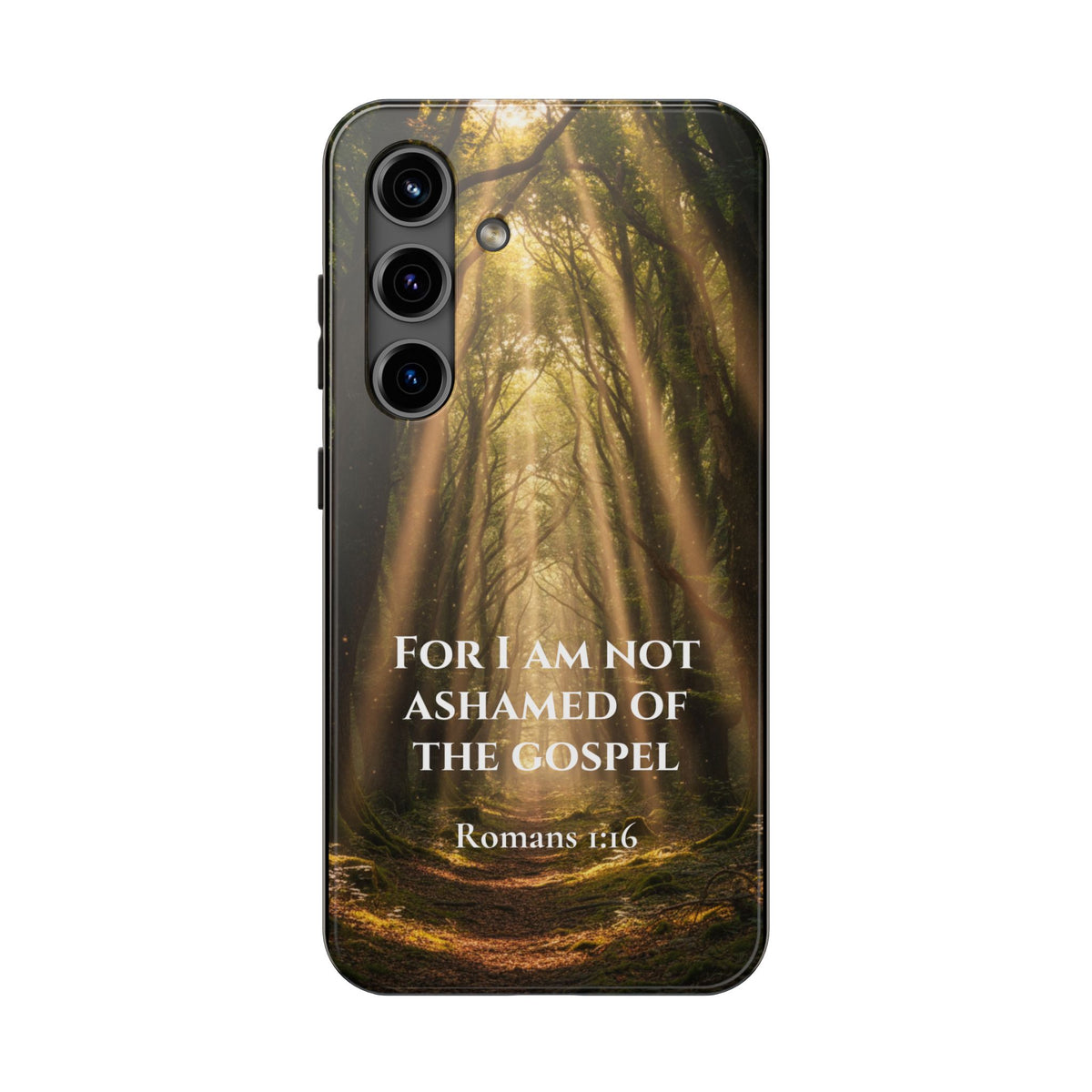 Romans 1:16 tough phone case with cathedral forest path and golden light rays — Christian faith phone case for iPhone and Samsung