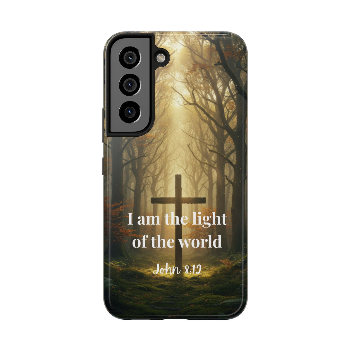 Christian Phone Case — "I Am the Light of the World" (John 8:12) Forest Cross Design