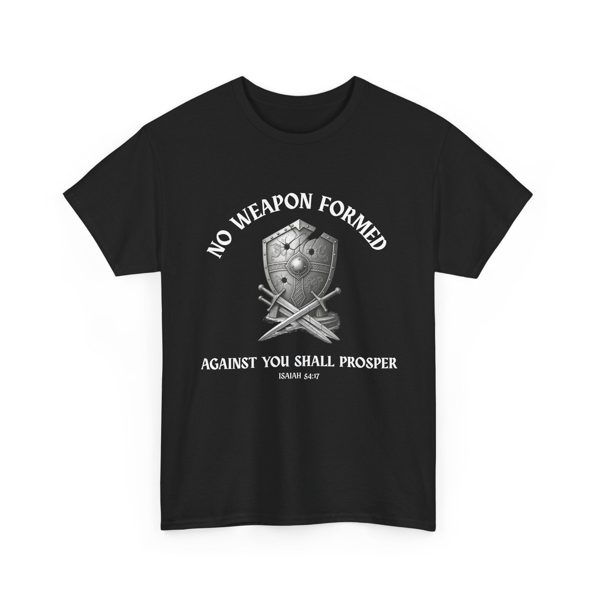 No Weapon Formed Against You Shall Prosper black Christian t-shirt - Isaiah 54:17 bold faith graphic tee
