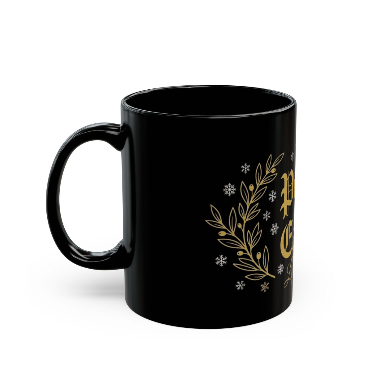 Peace on Earth faith Christmas mug left side view with gold floral botanical accents