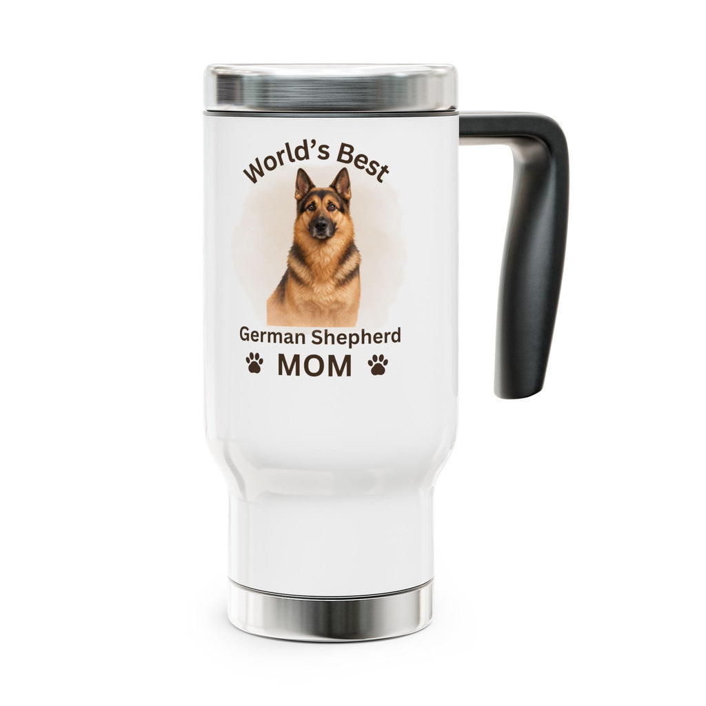 Travel mug with a German Shepherd design and text 'World's Best German Shepherd Mom' on a white background.