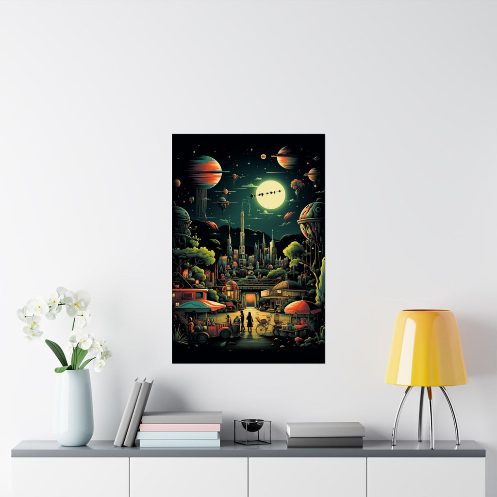 Retro Futuristic City Market Poster – Cosmic Sci-Fi Wall Art (3 Sizes)
