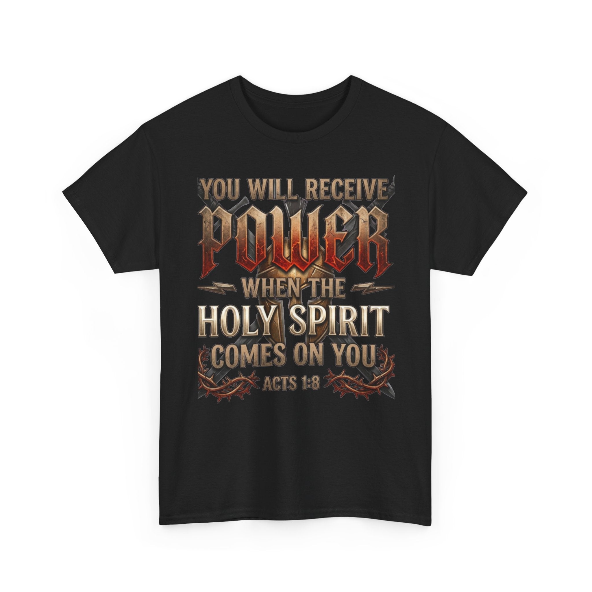 Black Christian graphic t-shirt with bold "You Will Receive Power When the Holy Spirit Comes On You — Acts 1:8" design in gold, red, and stone lettering on a clean black background.