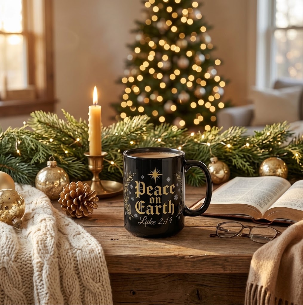 Peace on Earth Luke 2:14 black ceramic faith mug on rustic wood table with open Bible, candle, pine garland and Christmas tree in background