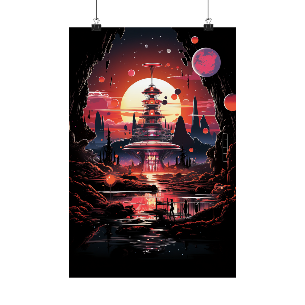 Celestial Tower at Sundown – Retro Galaxy Cityscape Poster (3 Sizes)