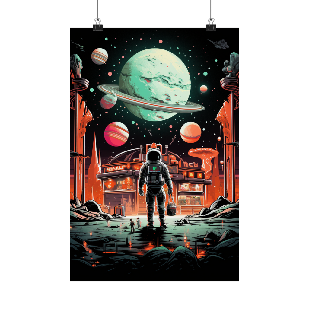 Astronaut at the Edge of the Galaxy – Retro Sci-Fi Wall Art Poster (3 Sizes)