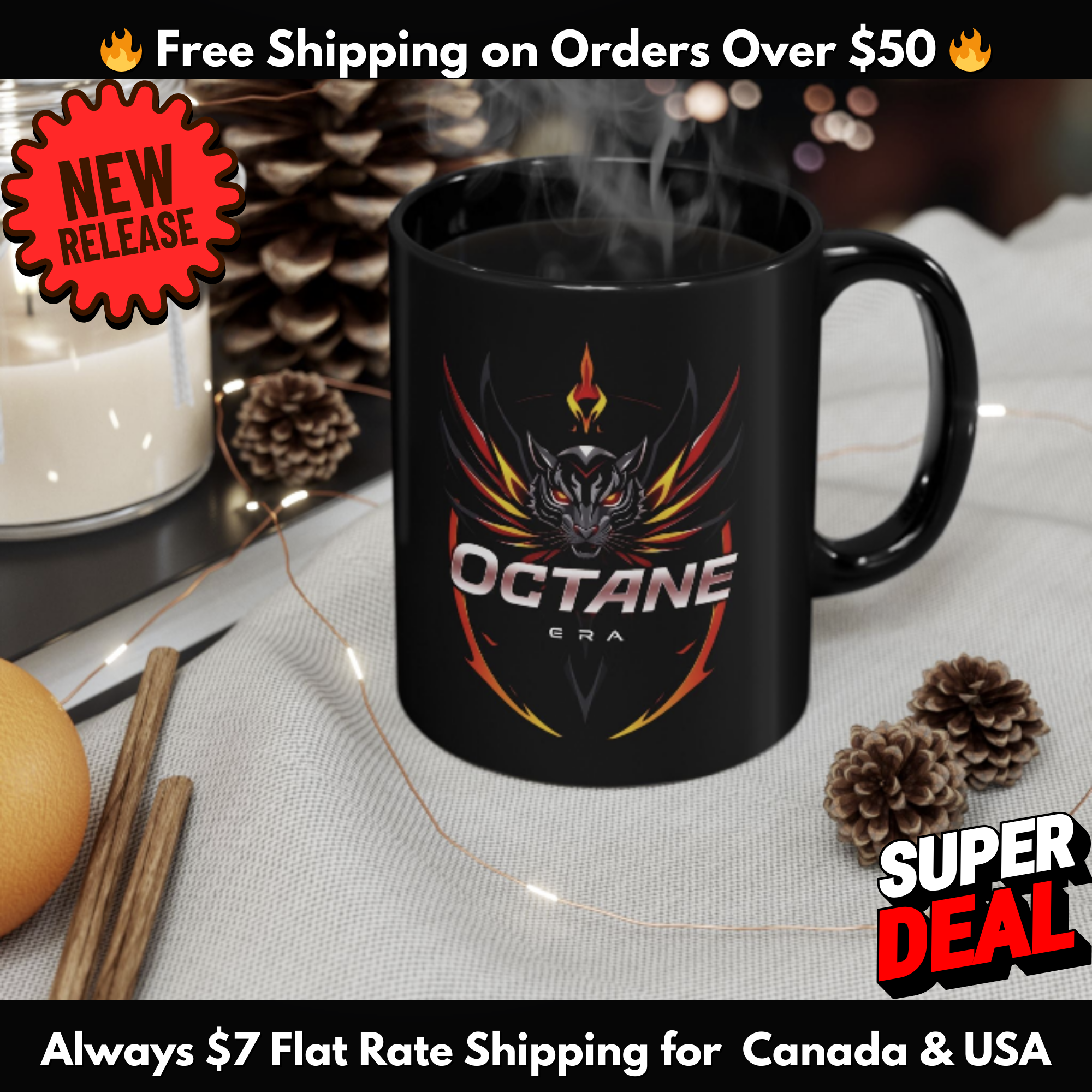 Octane Era Black Mug – Bold Flame Tiger Design
