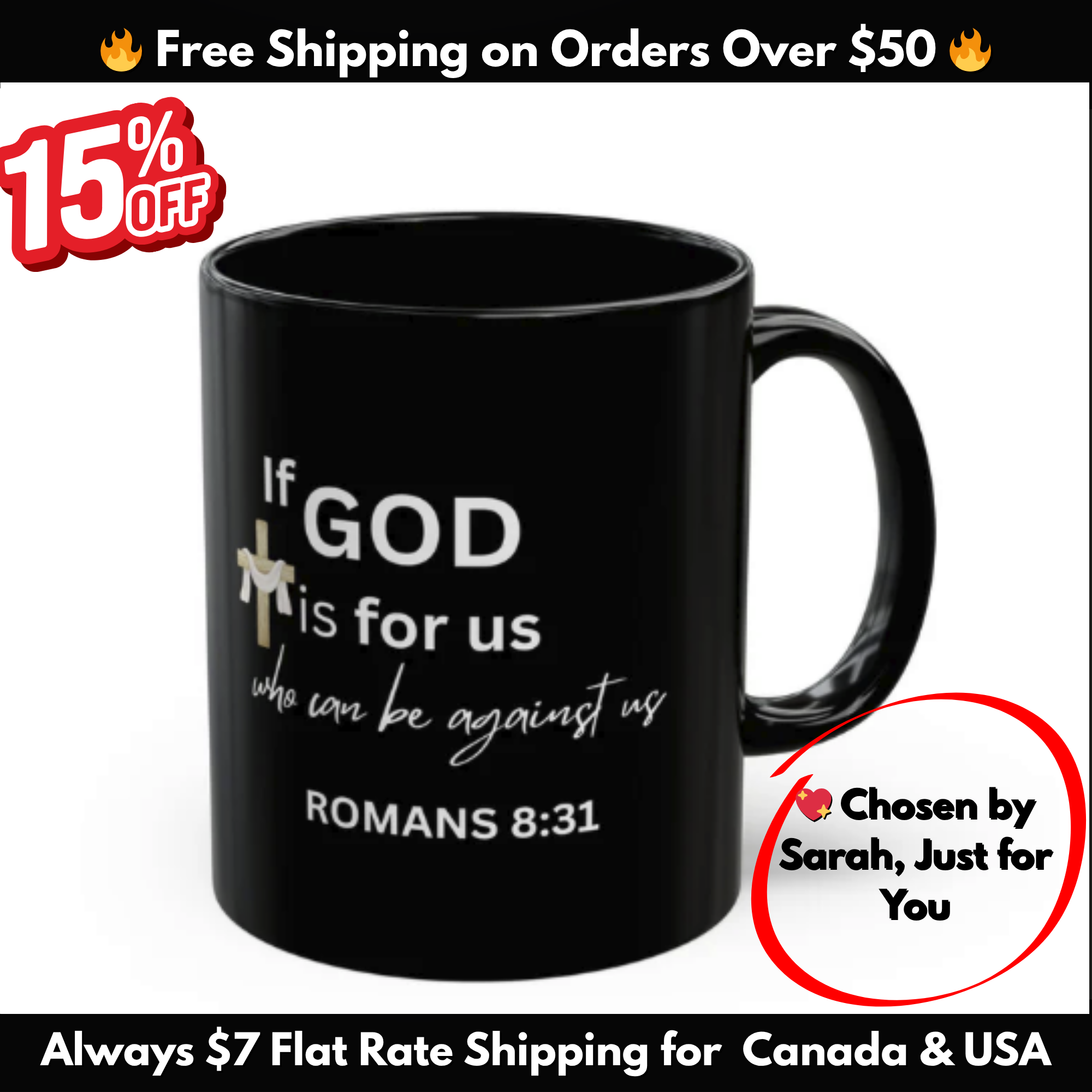 Romans 8:31 Black Coffee Mug – If God Is For Us Who Can Be Against Us – Christian Faith Mug with Cross & Cloth