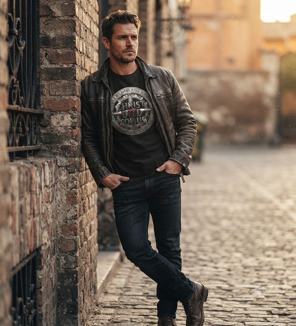 Man leaning against brick wall in leather jacket wearing "Christ Died For Us" Romans 5:8 vintage shield tee, golden hour urban setting, Zero FG faith apparel