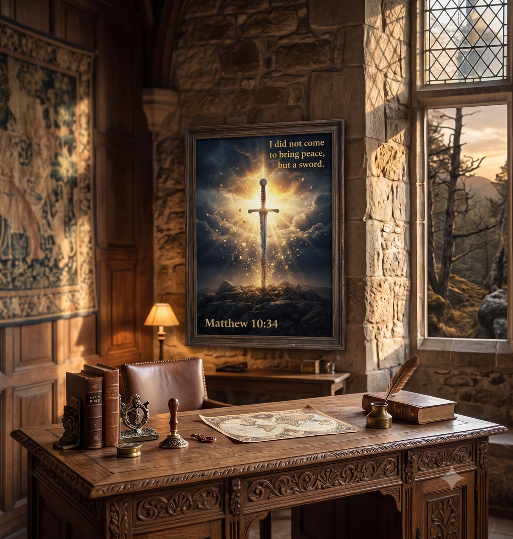 Matthew 10:34 Christian sword poster displayed in a dark wood frame on a stone wall above an antique wooden desk, in a moody medieval-style study with stained glass window, branded by zerofgstore.com
