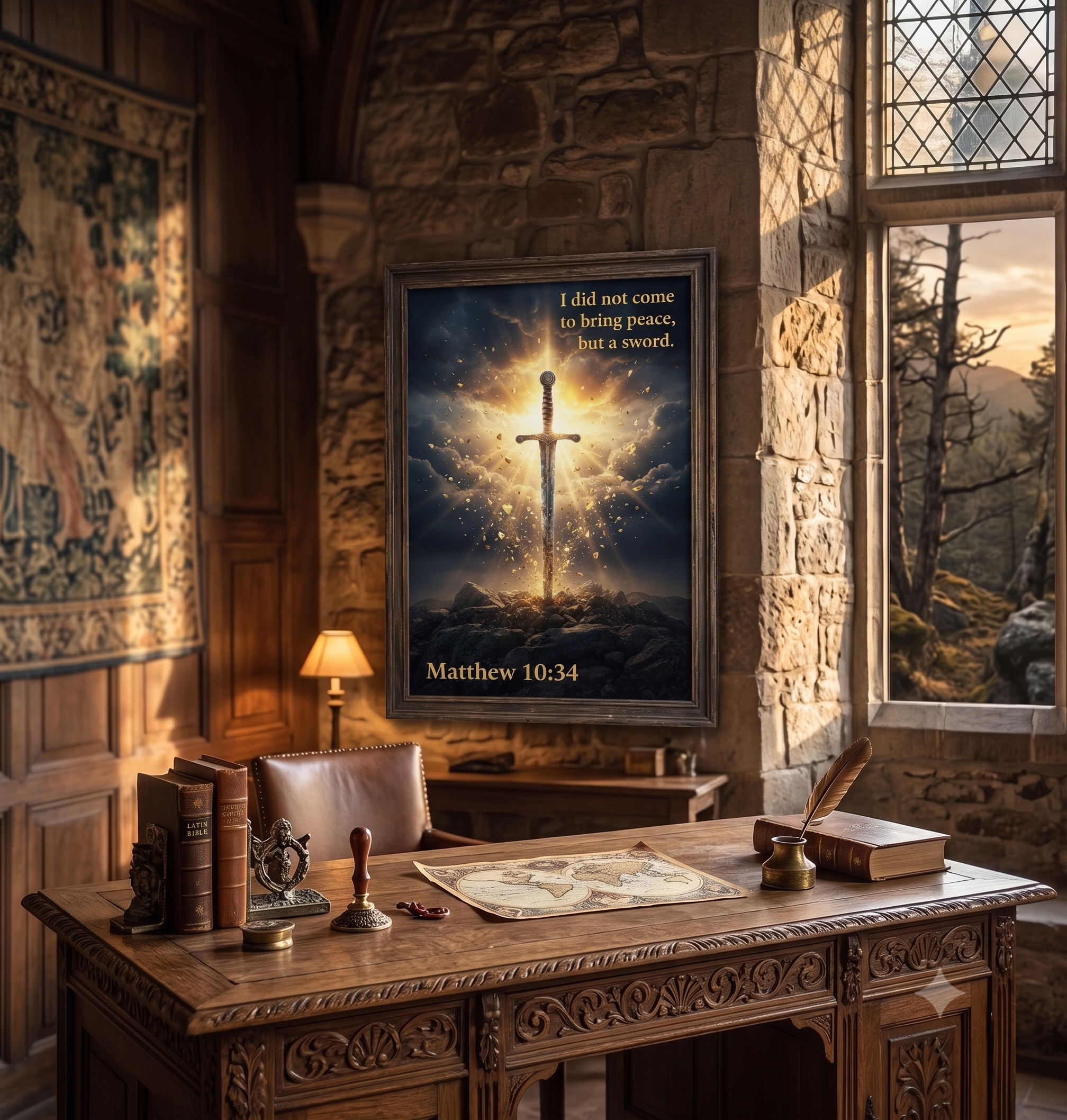 Matthew 10:34 Christian sword poster displayed in a dark wood frame on a stone wall above an antique wooden desk, in a moody medieval-style study with stained glass window, branded by zerofgstore.com