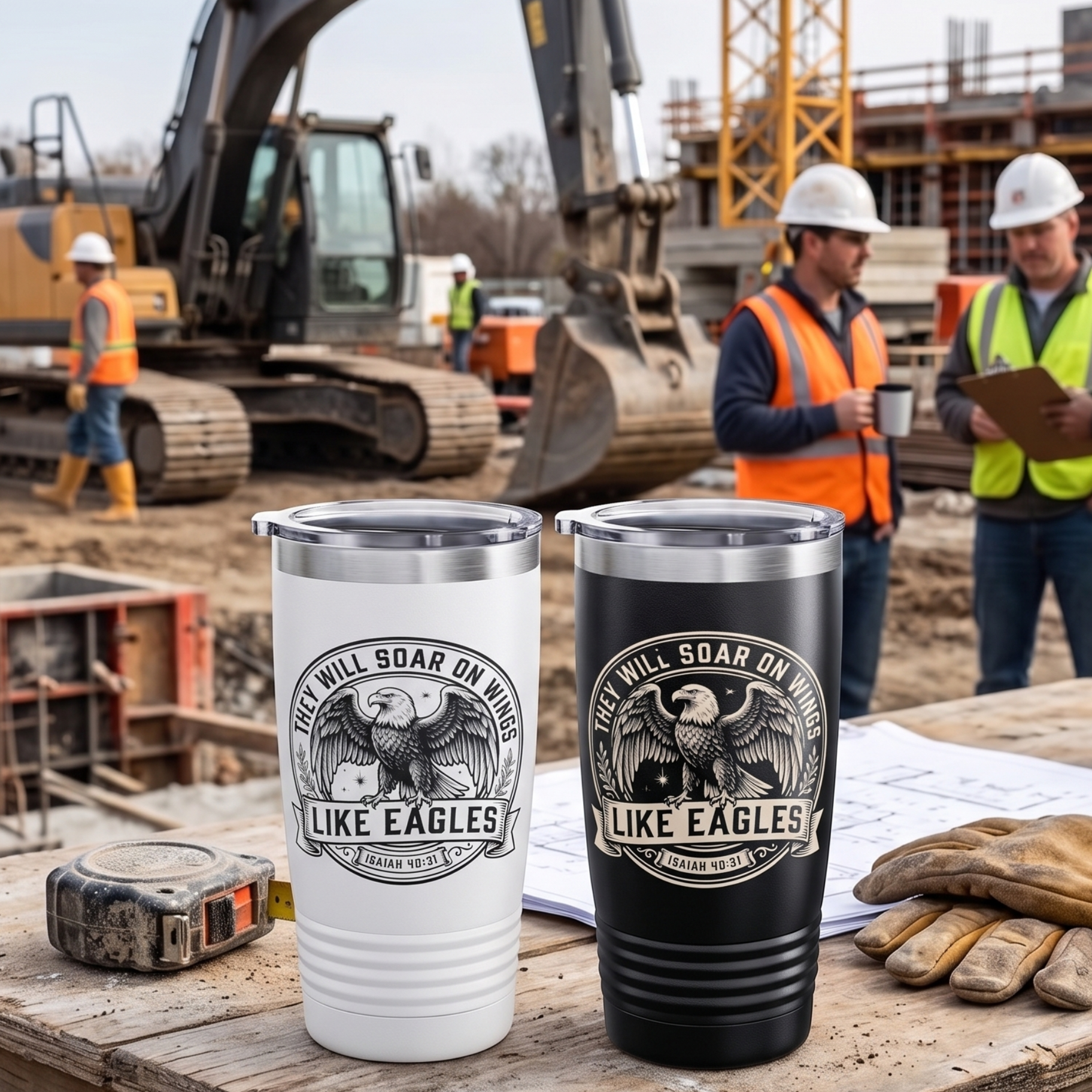 White and black They Will Soar on Wings Like Eagles Isaiah 40:31 stainless steel tumblers on weathered worksite table with construction worker, excavator and blueprints in background, faith drinkware by Zero FG