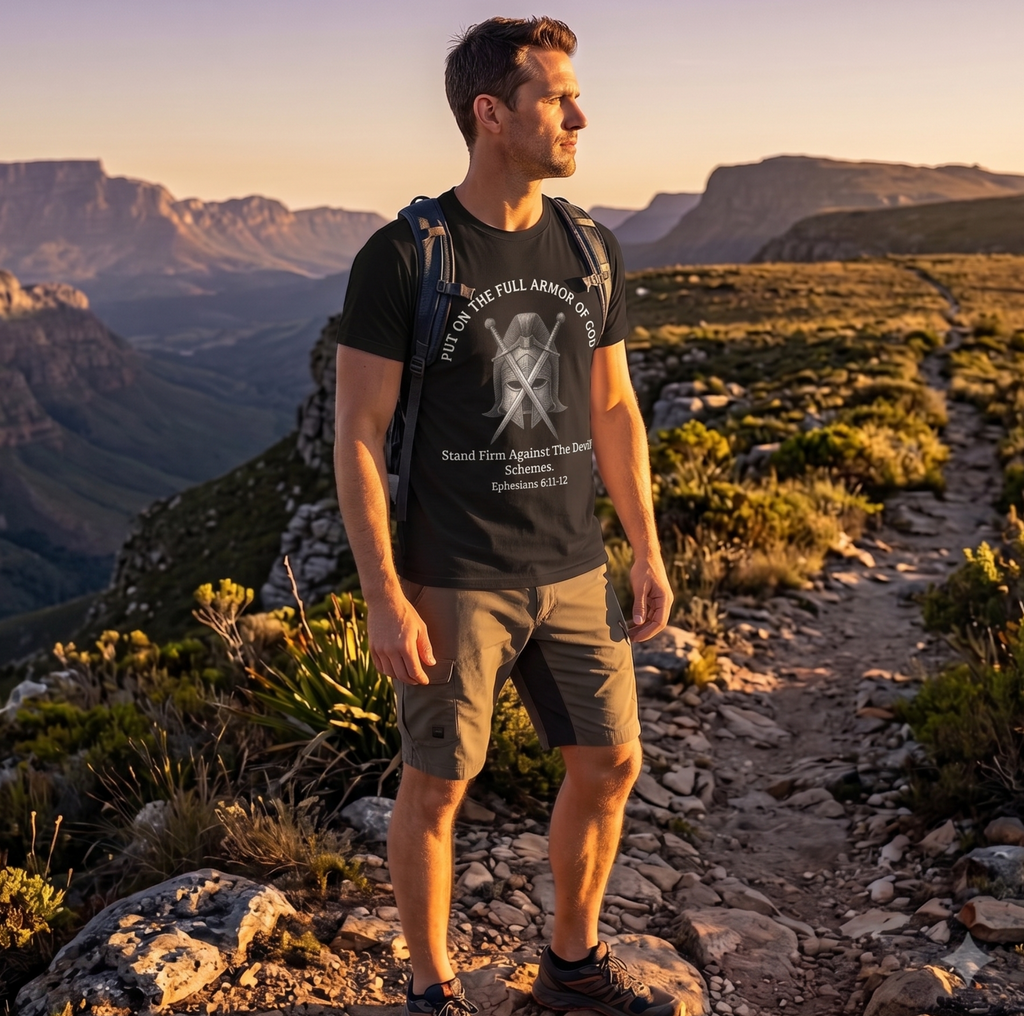 Man hiking a mountain trail at golden hour wearing a black Put On The Full Armor of God Christian t-shirt with crossed swords and helmet graphic, dramatic canyon landscape in the background, branded by zerofgstore.com