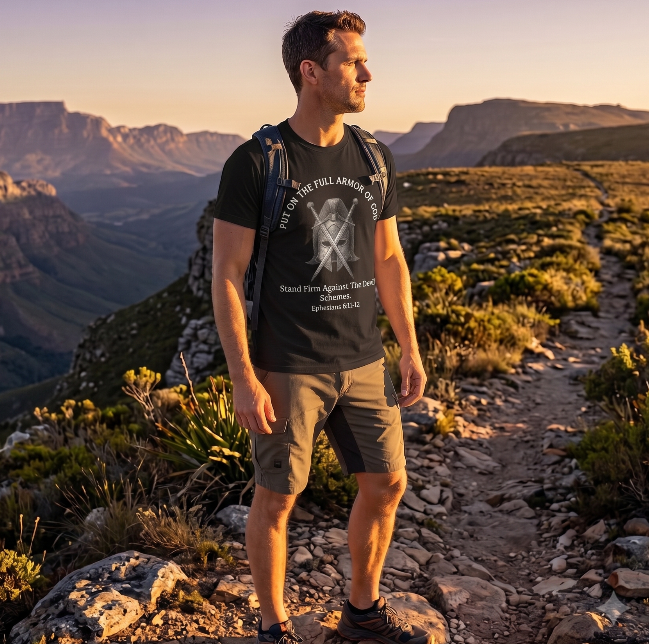 Man hiking a mountain trail at golden hour wearing a black Put On The Full Armor of God Christian t-shirt with crossed swords and helmet graphic, dramatic canyon landscape in the background, branded by zerofgstore.com