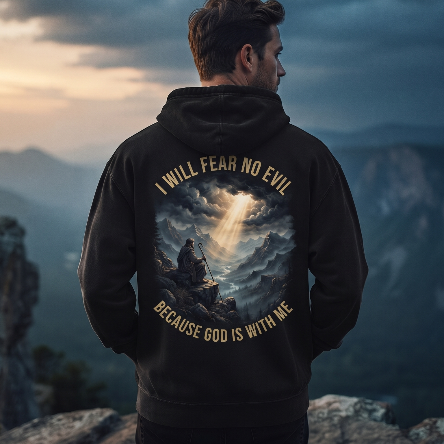 Man standing on mountain cliff wearing dark charcoal "I Will Fear No Evil" Psalm 23 hoodie, back print clearly visible, dramatic stormy sky with golden light beam, Zero FG faith apparel