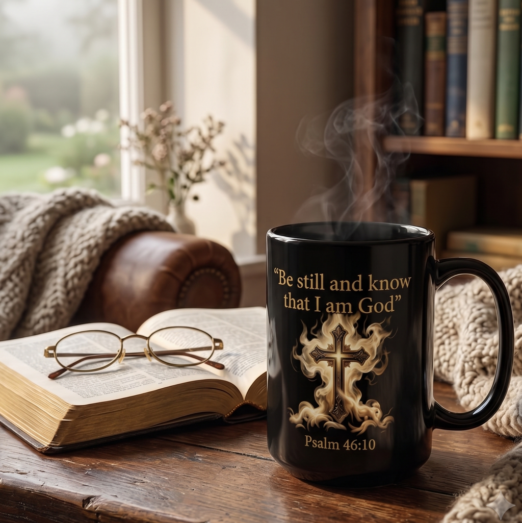 Be Still and Know – Psalm 46:10 Black Christian Mug