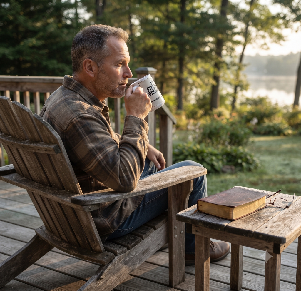 Christian man drinking from Be Strong & Courageous mug on a lakeside deck with Bible — Zero FG