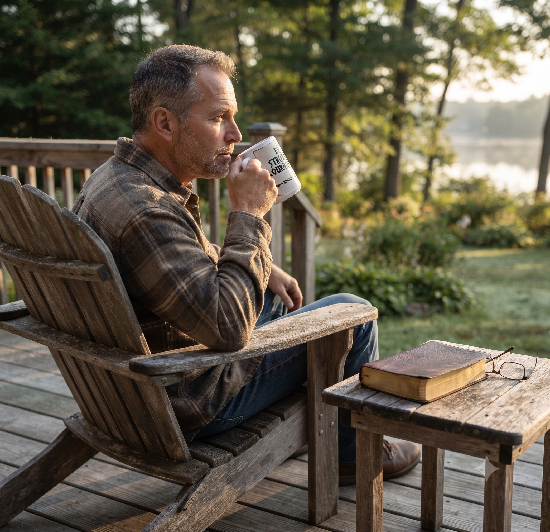 Christian man drinking from Be Strong & Courageous mug on a lakeside deck with Bible — Zero FG