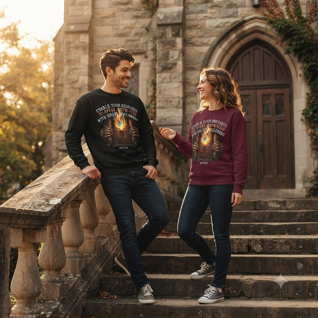 Man and woman on stone church steps, wearing Acts 4:29 "Enable Your Servants to Speak" sweatshirts in black and maroon, golden hour light, Zero FG faith apparel