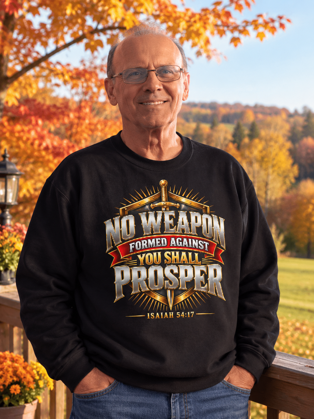 Zero FG owner Glenn wearing the black No Weapon Formed Against You Shall Prosper Isaiah 54:17 sword sweatshirt on a porch in fall
