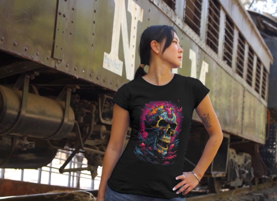 Person wearing a black t-shirt with a colorful skull design in front of an old train.