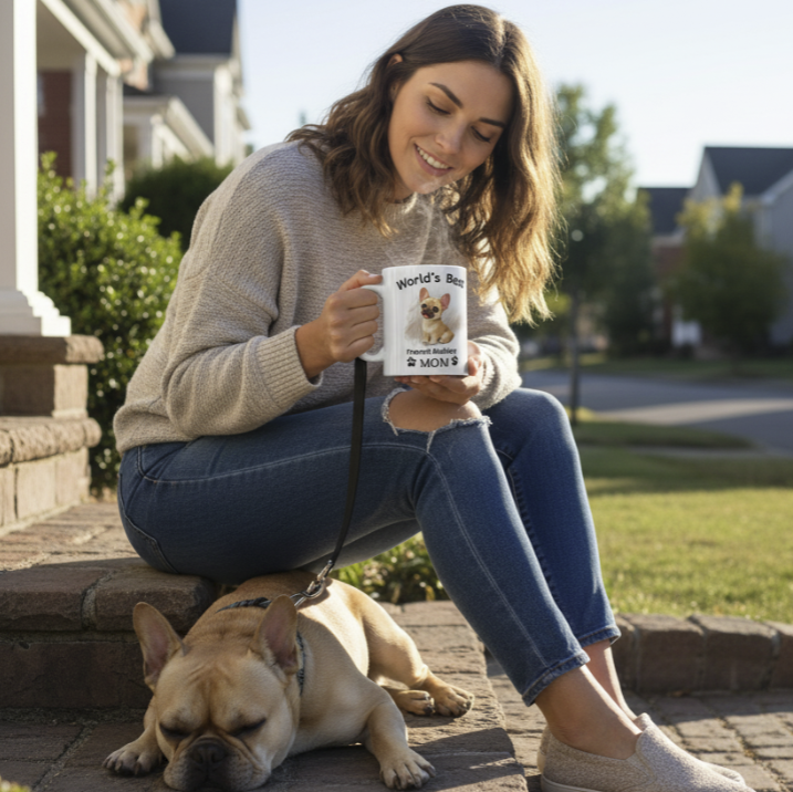 Woman holding a mug with a dog design, sitting on steps outside a house with a dog by her side.