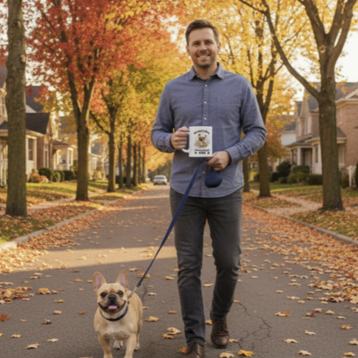 Man walking a dog on a leash in a residential neighborhood with autumn trees.