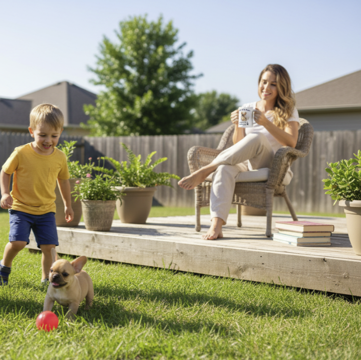 Two children playing with a dog in a backyard with a woman sitting on a chair in the background.