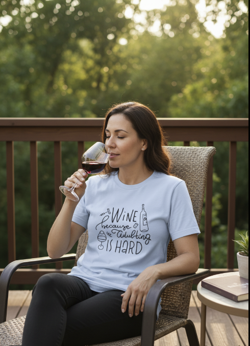 Wine Because Adulting Is Hard Tee | Funny Wine Shirt | Light Unisex T-Shirt | Zero FG