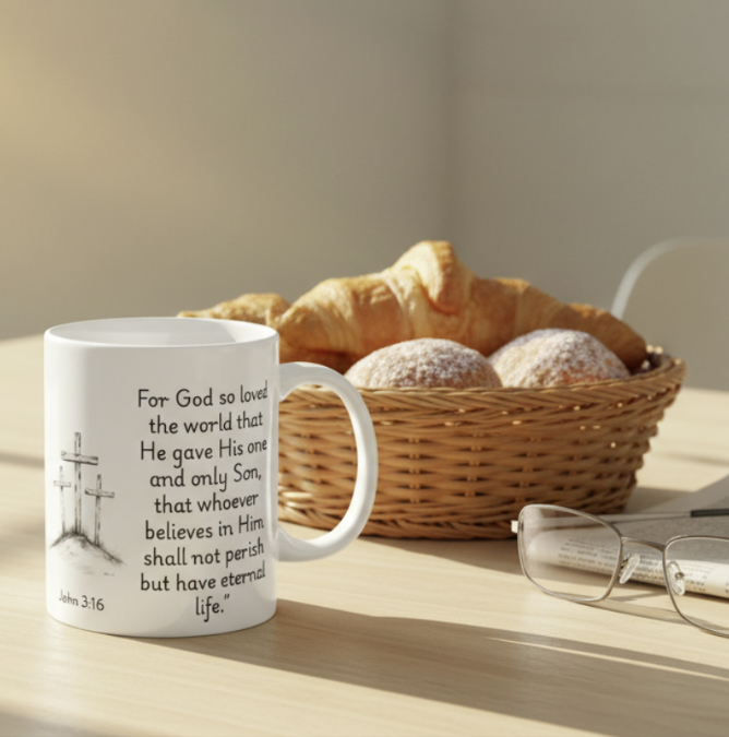 John 3:16 Three Crosses Christian Mug - Biblical Faith Gift