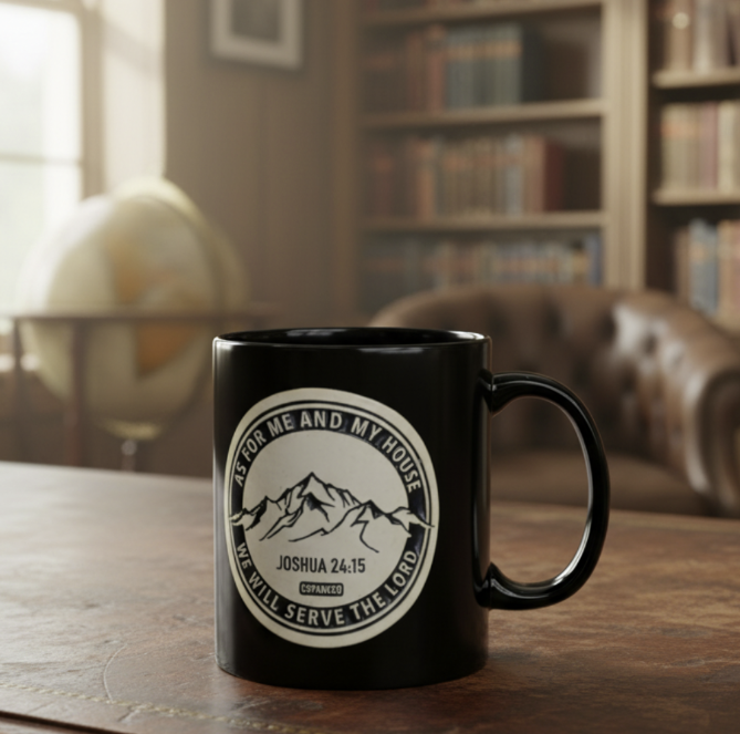 Christian Home Decor Mug — Joshua 24:15 Black Coffee Cup