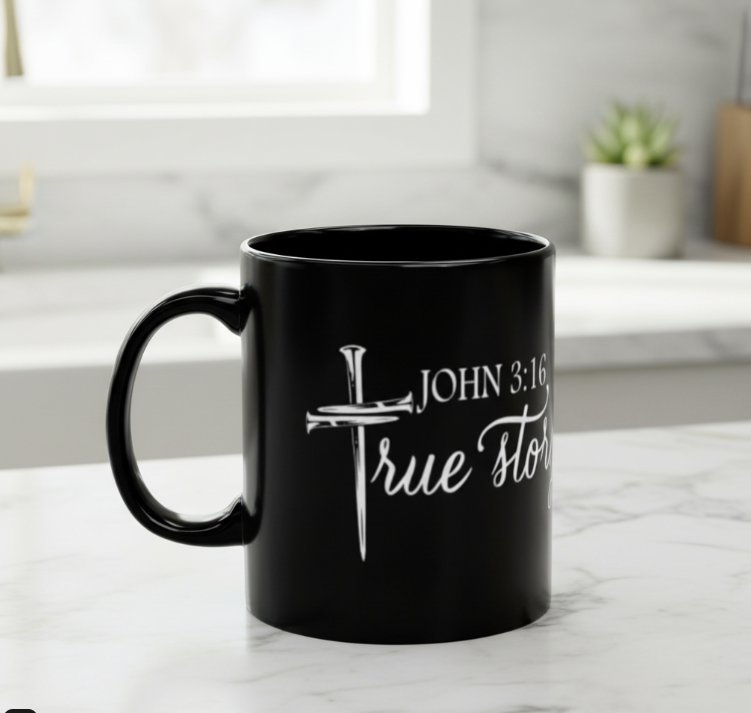 John 3:16 True Story Black Coffee Mug | Zero FG Christian Gifts
