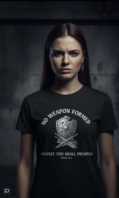 Christian T-Shirt – Isaiah 54:17 “No Weapon Formed” Bible Verse Faith Shirt