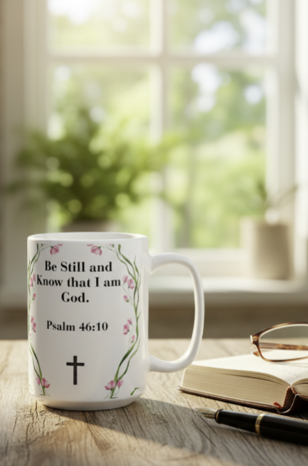 Be Still & Know Floral Ceramic Mug - 15oz Premium Christian Gift