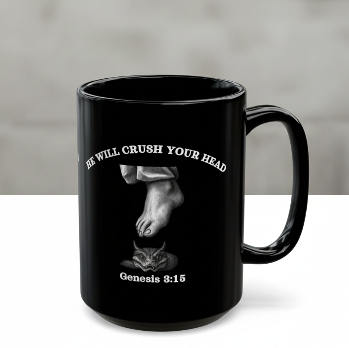 Black mug with a graphic and text on a white background