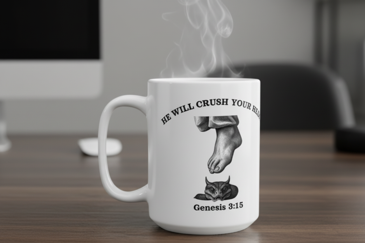 Genesis 3:15 - "He Will Crush Your Head" | Premium 15oz White Coffee Mug