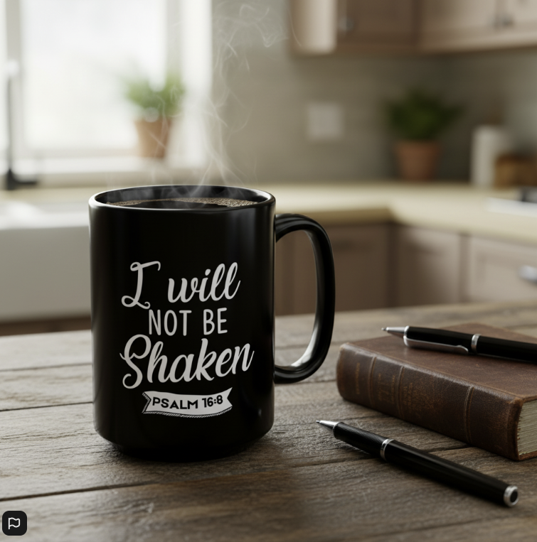 Psalm 16:8 Unshaken Warrior Mug on wooden table with Bible.