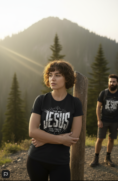 Resilient woman wearing a black Jesus The Way The Truth The Life t-shirt on a misty mountain trail. Strong Faith Christian apparel for women and men.