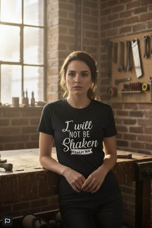 Determined woman in a rustic workshop wearing a black "I Will Not Be Shaken" Psalm 16:8 t-shirt. Authoritative Christian grit apparel for men and women.