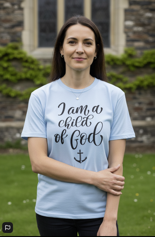 A woman in a light blue Zero FG t-shirt with a black "I am a child of God" anchor design, standing confidently in front of a historic stone church wall in natural daylight.