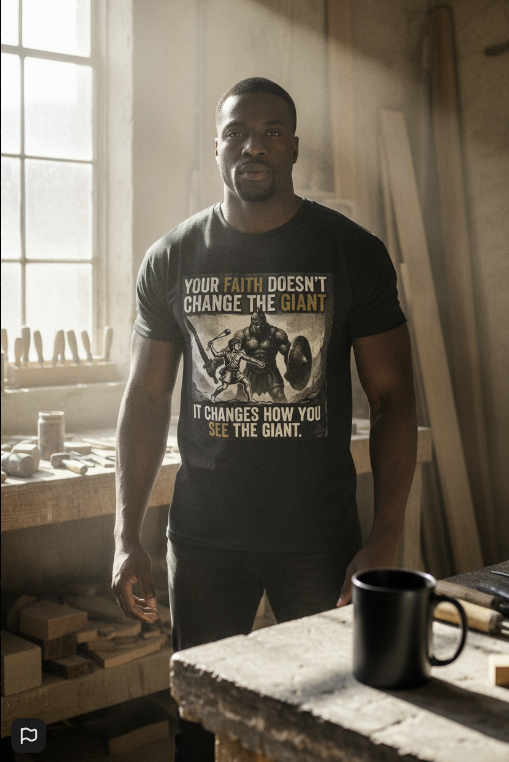 A man in a workshop wearing the Zero FG Goliath Black Heavyweight T-Shirt. Sunlight illuminates the grit-based graphic: "Your faith doesn't change the giant, it changes how you see the giant." 15oz mug in foreground.